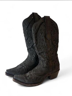 J.B Dillion Black Leather Sequin Overlay Western Snip Toe Boots Mens 7.5